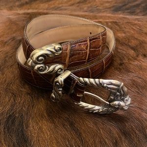 Vintage Brighton Belt Croc Embossed Brown Silver
